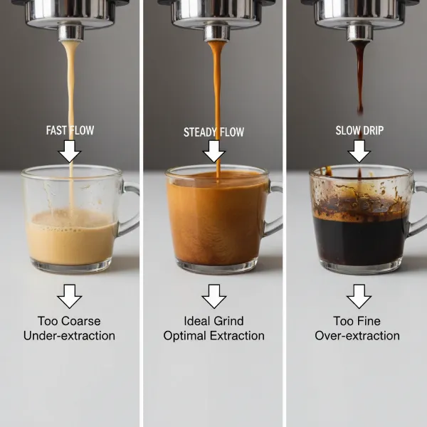 Visual comparison of espresso extraction results from coarse, ideal, and fine coffee grinds.