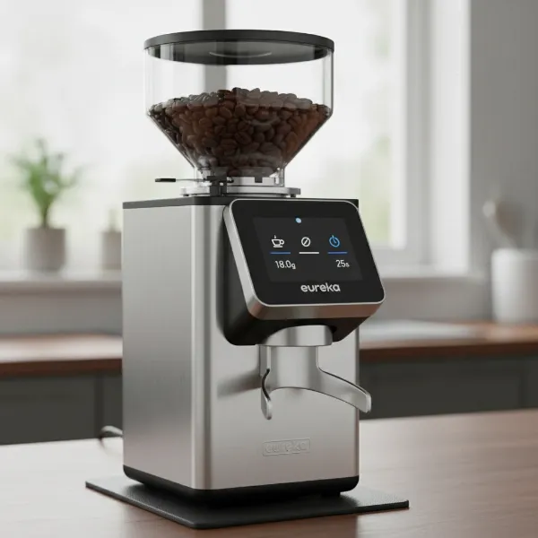 A sleek black Eureka Mignon Libra grinder showing its compact design and user interface.