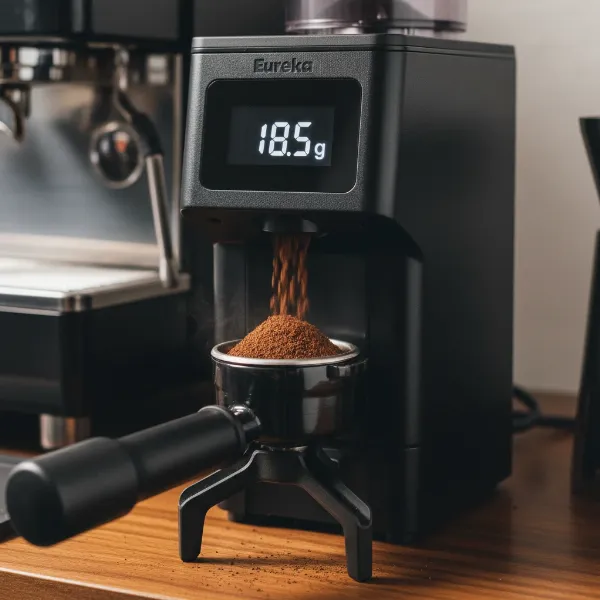 A close-up of the Eureka Mignon Libra's integrated weighing system in action with a portafilter.