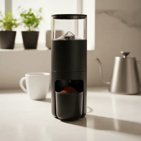 Fellow Ode Gen 2 coffee grinder on a clean kitchen counter, demonstrating anti-static technology.