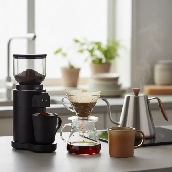 Fellow Ode Gen 2 grinder next to a pour-over setup, ready for coffee brewing.