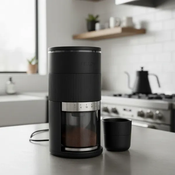 Elegant Fellow Opus coffee grinder, showcasing its modern, minimalist aesthetic and sleek cylindrical form.