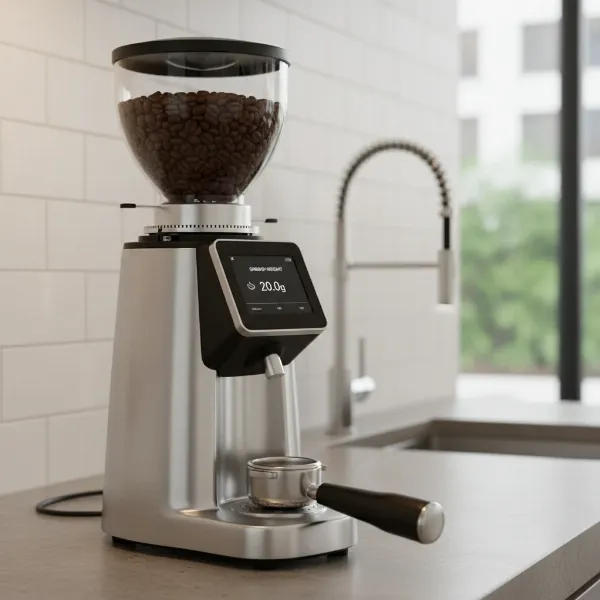 Fiorenzato AllGround Sense coffee grinder with sleek design, showcasing its advanced grind-by-weight technology.