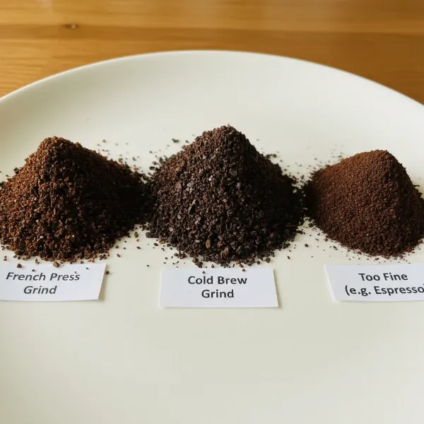 Visual comparison of coarse grind for French Press resembling sea salt and extra coarse grind for Cold Brew like cracked peppercorns.
