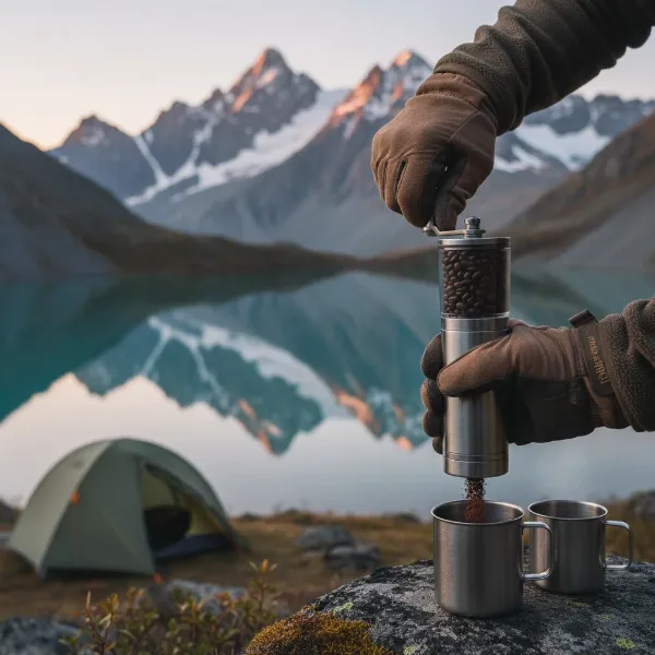 Hiker hand grinding coffee beans in a manual grinder by a serene mountain lake at sunrise.