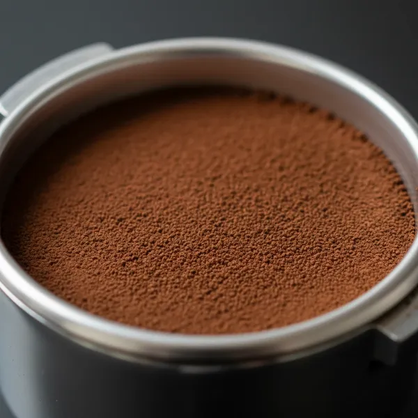 Close-up of freshly ground espresso coffee in a portafilter basket, highlighting consistency and texture.