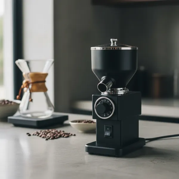 Fuji Royal R-220 coffee grinder on a modern kitchen counter, showcasing its compact, professional design.