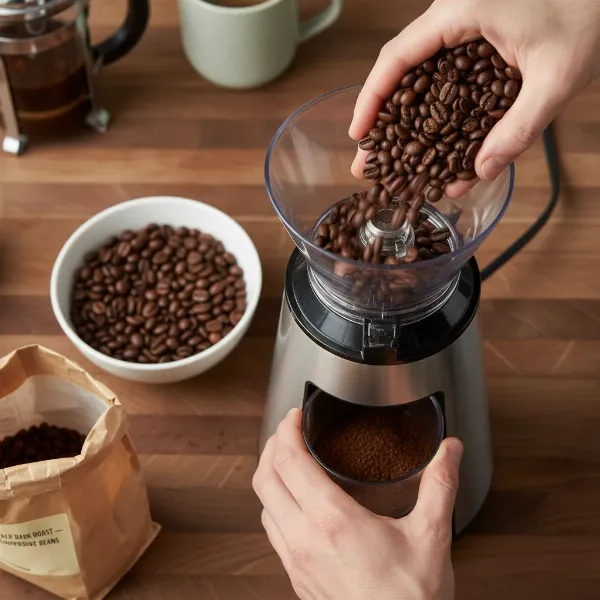 Hands pouring dark roast coffee beans into a coffee grinder for seasoning, demonstrating the batch grinding process