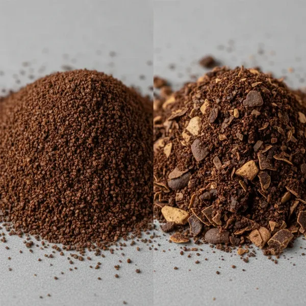 Close-up of evenly ground coffee from a burr grinder compared to inconsistently ground coffee from a blade grinder.