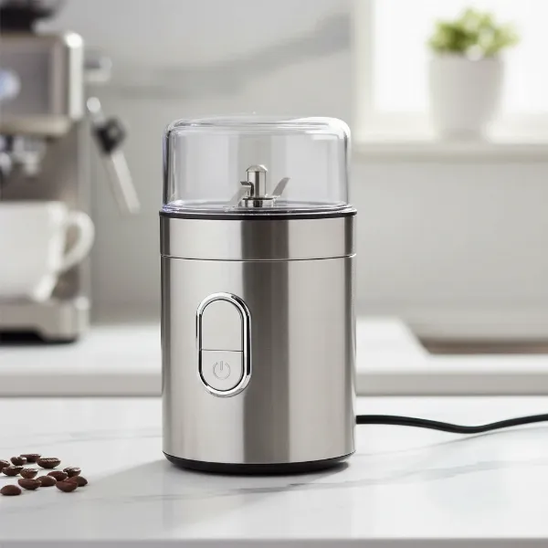 Compact Hamilton Beach Fresh Grind electric coffee grinder on a kitchen counter, showcasing its sleek design.
