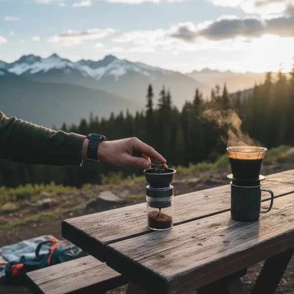 Hario Mini Mill Slim Plus used for coffee during travel or outdoor adventure.