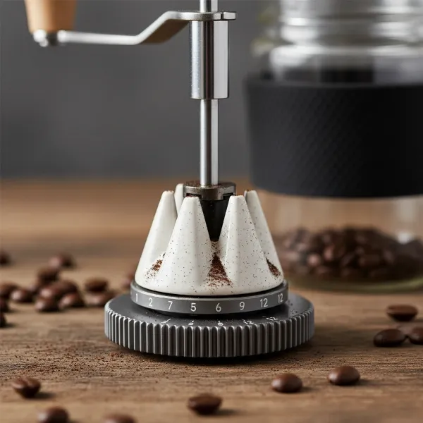 Close-up view of Hario Skerton Pro highlighting ceramic burrs and adjustment dial.