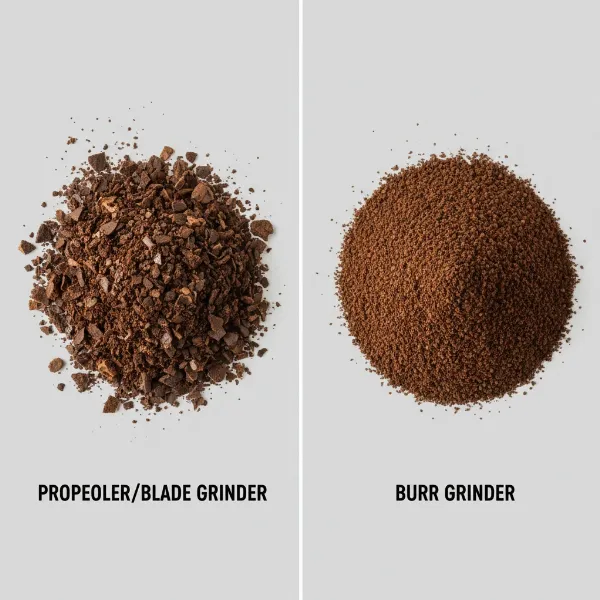 Visual comparison showing inconsistent coffee grounds from a blade grinder next to consistent grounds from a burr grinder.