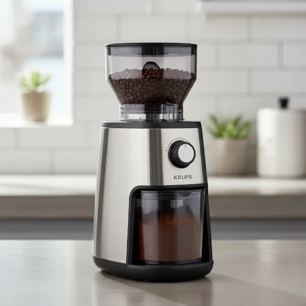 Krups Precision Grinder (GX550850) with stainless steel and black finish on a kitchen counter.