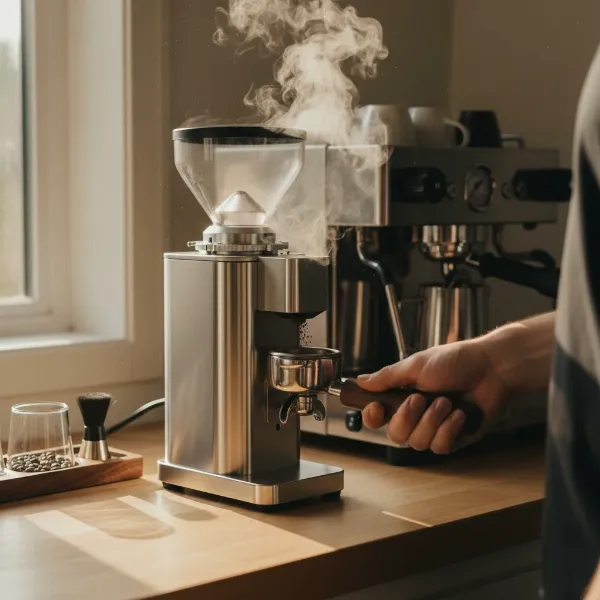 Option-O Lagom P64 grinder in action, demonstrating single-dosing workflow and accessories.