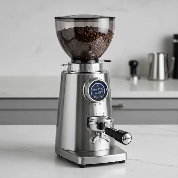 Lelit William PL72 espresso grinder made of brushed stainless steel with smoked bean hopper.