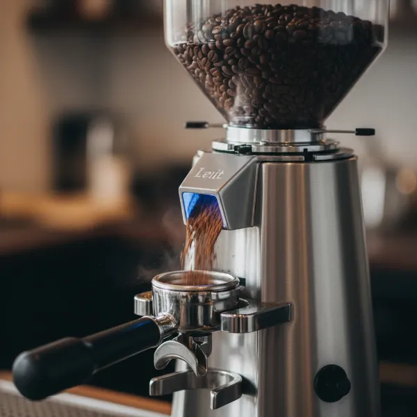 Lelit William PL72 grinder dispensing fresh coffee grounds directly into a portafilter.