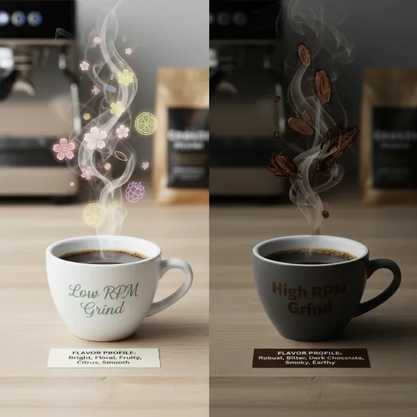 Comparison of two coffee cups, illustrating distinct flavor profiles from low versus high RPM grinding