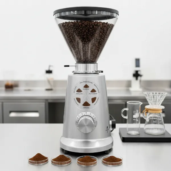 Mahlkönig EK43 grinder showing a range of coffee grind sizes from coarse to very fine.
