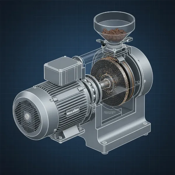 Interior view of Mahlkönig EK43 showing its powerful motor and large 98mm flat steel burrs.