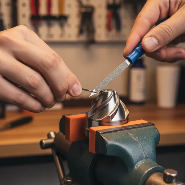 Person using a diamond file to carefully sharpen a coffee grinder burr