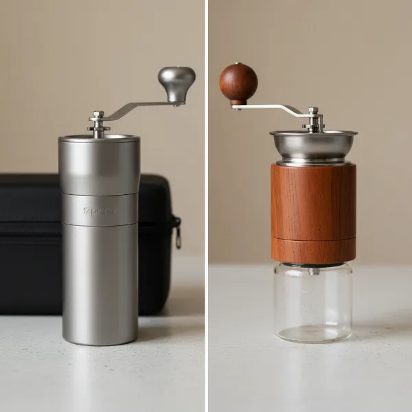Side-by-side comparison of 1Zpresso K-Ultra (modern) and Comandante C40 (classic) manual coffee grinder designs.