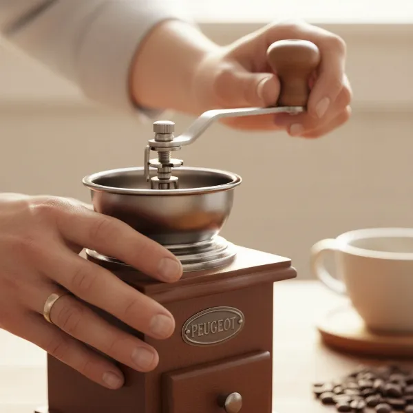 Hands turning the crank of a Peugeot Bresil coffee mill, showing the manual grinding process.
