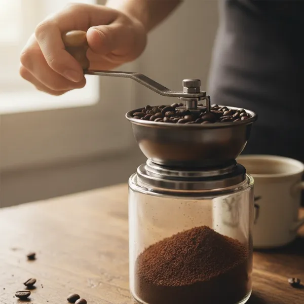 Hands grinding coffee beans with a Hario Skerton Pro for a morning ritual.