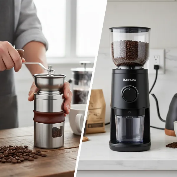 Side-by-side view of a sleek manual burr coffee grinder and a modern electric burr coffee grinder.