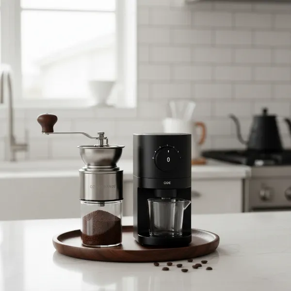 Side-by-side comparison of a sleek manual coffee grinder and a modern electric burr grinder.