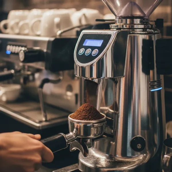 Mazzer Mini Electronic A grinding coffee directly into an espresso portafilter, showcasing its on-demand dosing.