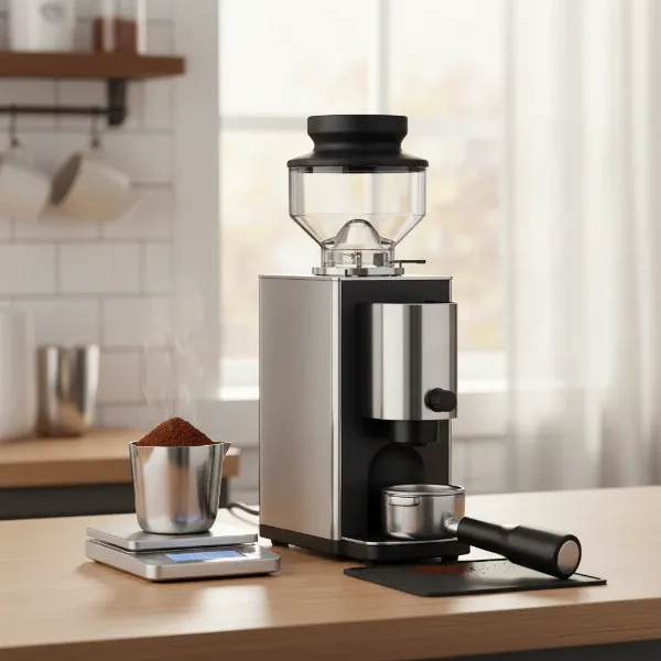 A sleek, modern espresso grinder designed for single-dosing with low retention.