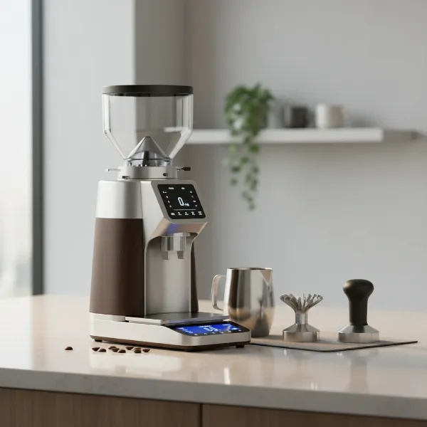 A sleek, modern single-dose coffee grinder on a kitchen counter, ready for brewing.