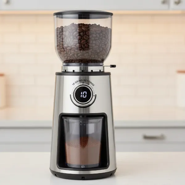 Mr. Coffee Automatic Burr Mill displaying its key features like grind settings and bean hopper.