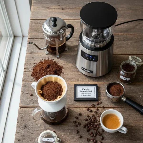 Various coffee brewing methods demonstrated with different grind consistencies from Mueller SuperGrind grinder