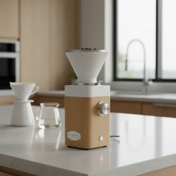 Elegant Niche Zero coffee grinder in white with wooden base, compact on kitchen counter.