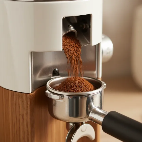 Freshly ground coffee from Niche Zero falling into a portafilter for espresso preparation.