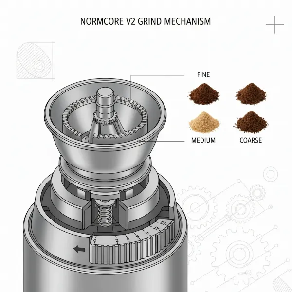 Normcore V2 grinder internal burrs, adjustment mechanism, precise espresso grind settings