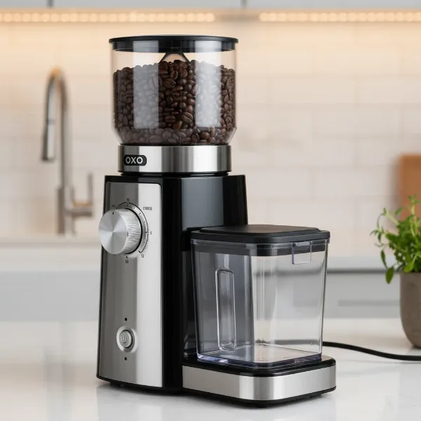 A sleek OXO Brew Conical Burr Grinder with stainless steel accents in a modern kitchen setting.