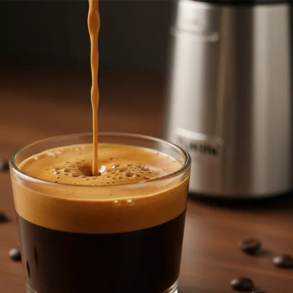 A perfect espresso shot being pulled into a clear glass, showcasing rich crema.