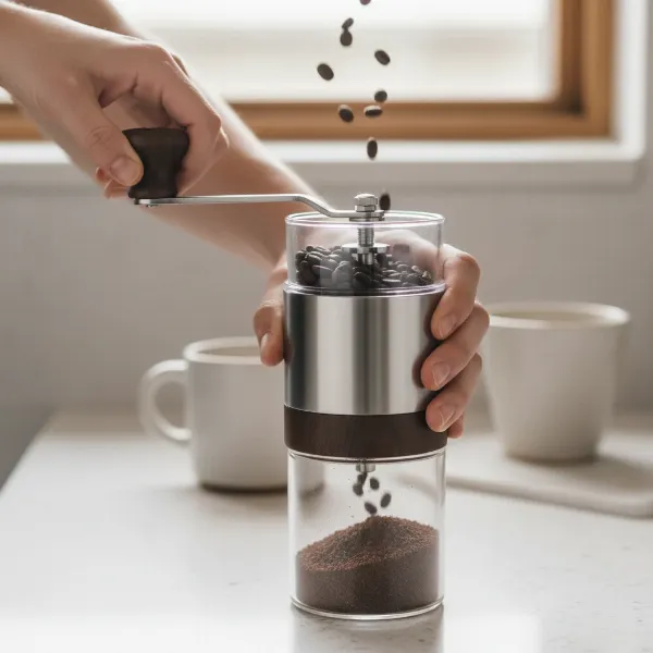 A person grinding fresh coffee beans with a manual burr grinder, emphasizing control and uniform grind.