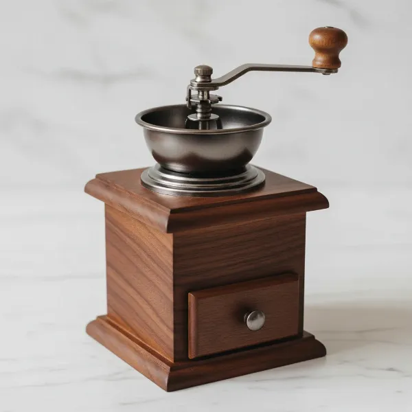 A Peugeot Bresil coffee mill, showcasing its elegant walnut-stained beechwood and classic design.