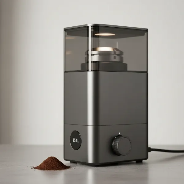 A sleek, modern flat burr coffee grinder emphasizing consistent particle size for optimal extraction.