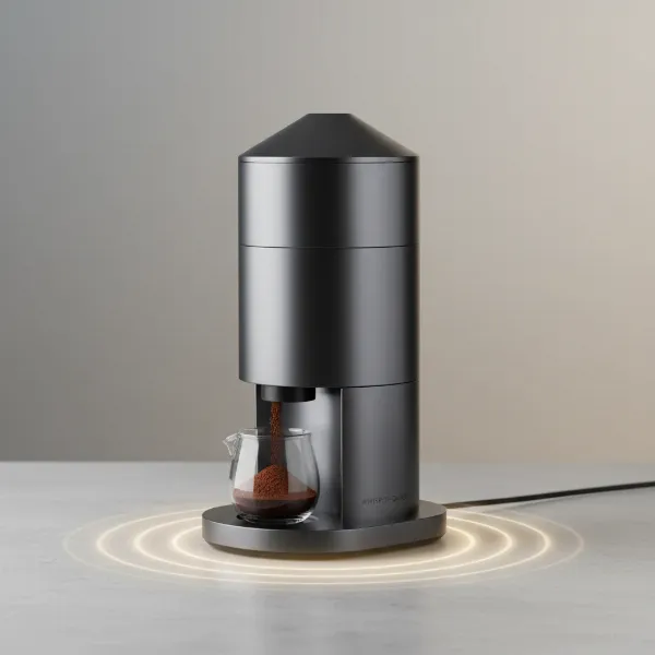 A sleek, modern quiet electric coffee grinder demonstrating its sound-dampening features.