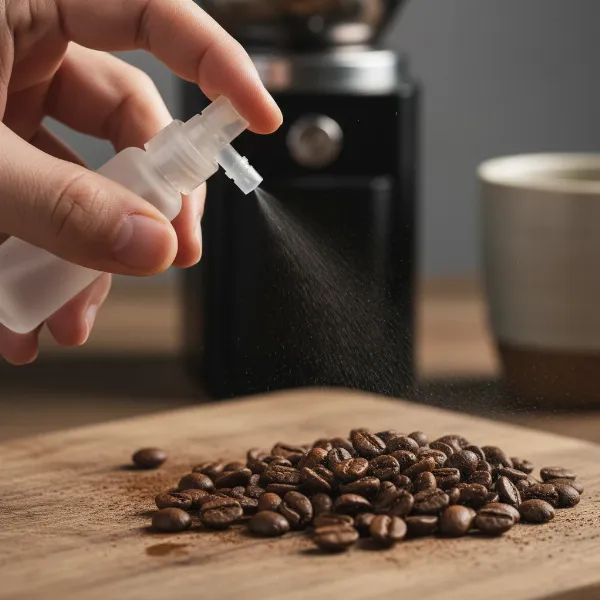 a person applying the ross droplet technique to coffee beans before grinding