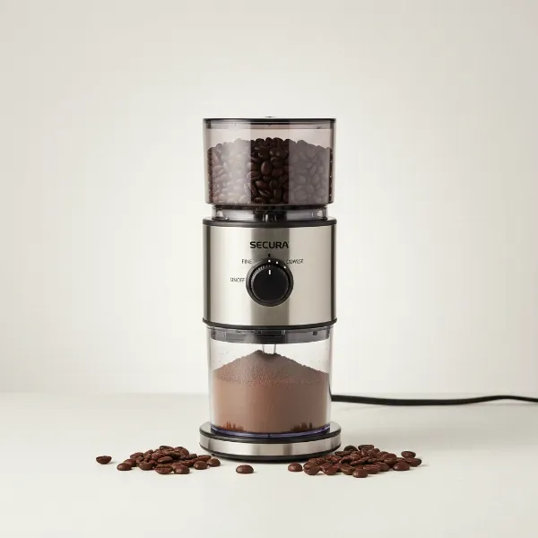 Secura SCG-903B Electric Burr Coffee Grinder with whole coffee beans.