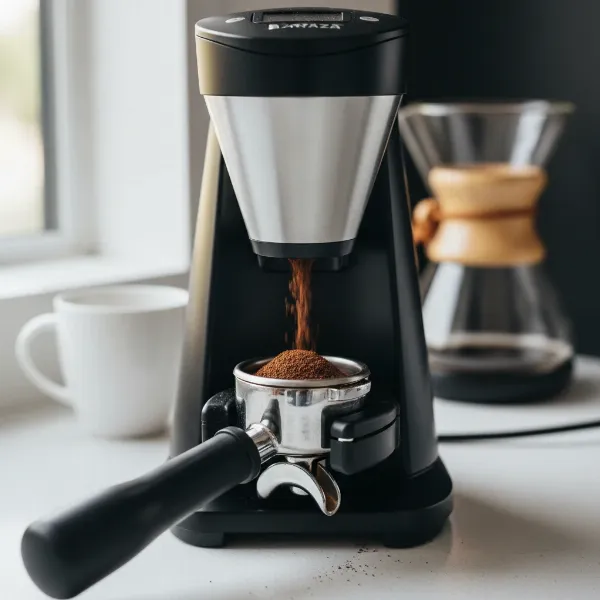 Baratza Sette 270 grinder directly dispensing coffee into a portafilter, showing minimal retention.