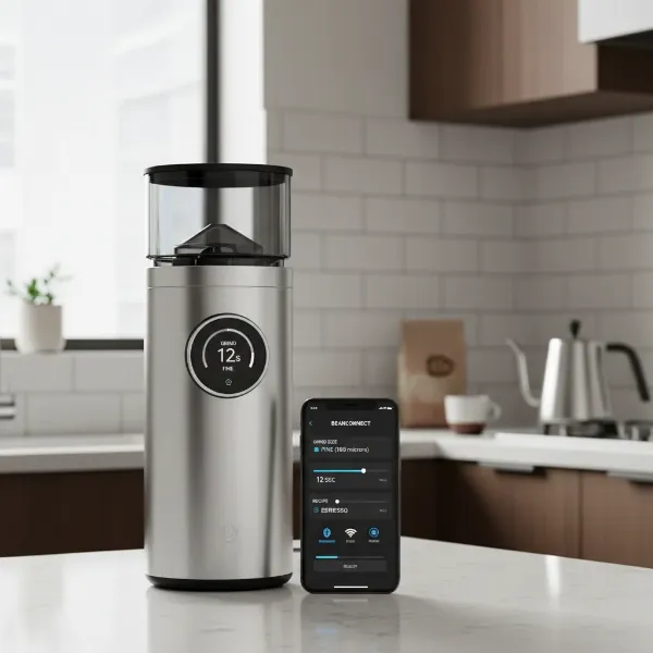 Smartphone app interface controlling a modern smart coffee grinder for precise adjustments.