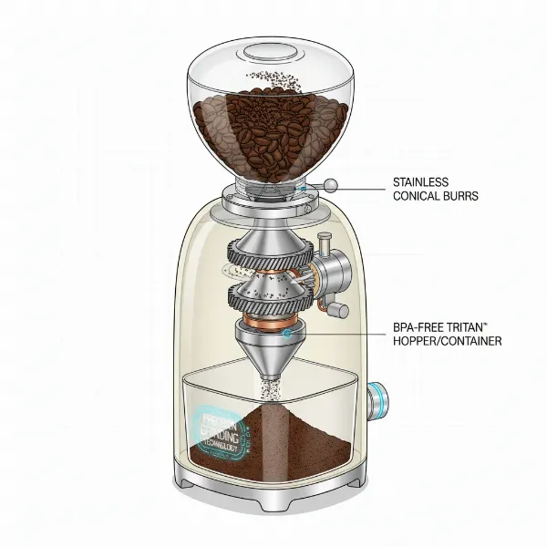 Cutaway view of Smeg CGF01 coffee grinder showing conical burrs, bean hopper, and grind container.