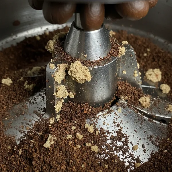 stale coffee grounds contaminating fresh coffee in a grinder chamber